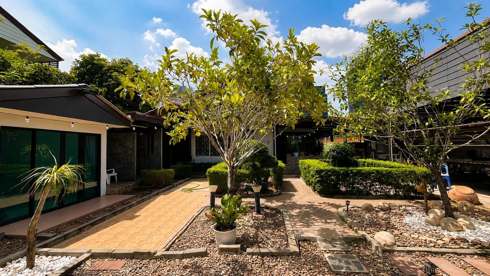 Private landscaped garden in daylight