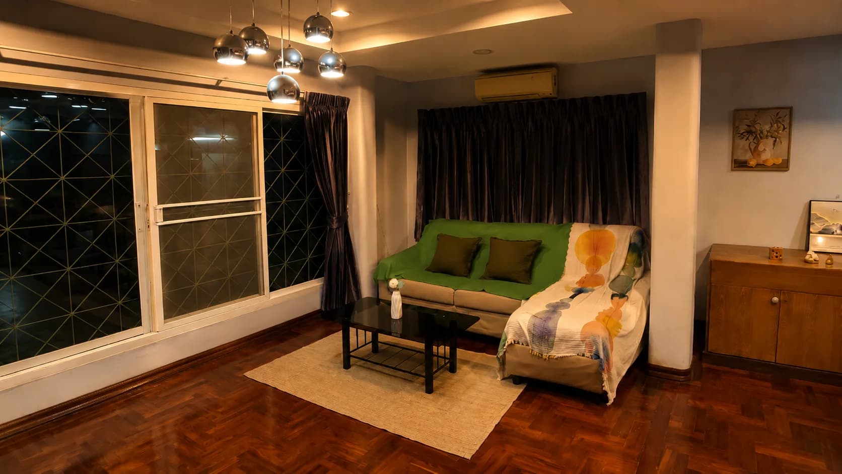 Warm living room with garden-facing windows